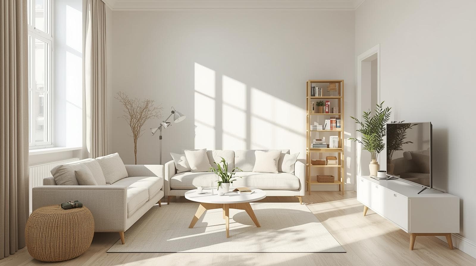 청소 후 자연광이 드는 뉴트럴 아파트 공간